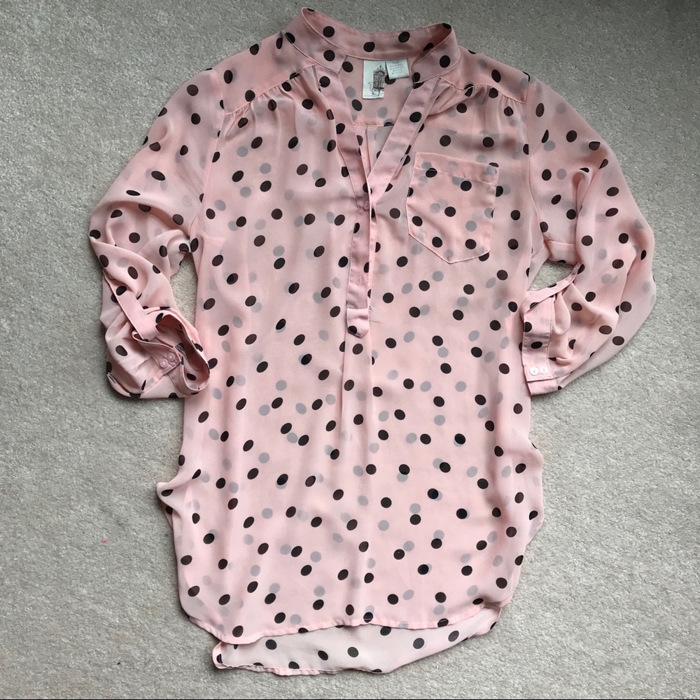 Francescas Pink and Black Polka Dot Popover Blouse
